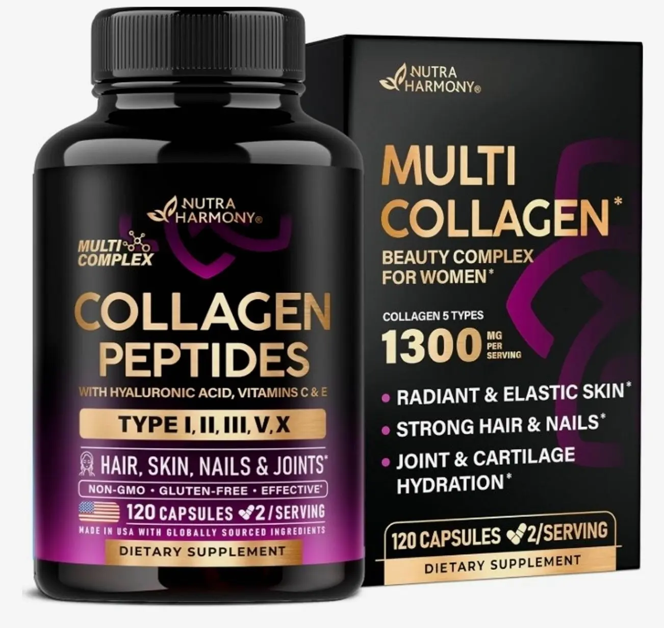 Multi Collagen Peptides - Hydrolyzed Types I, II, III, V & X - Collagen Supplement for Women 1300mg - w/ Hyaluronic Acid, Vitamins C & E - Skin, Hair, Nails & Joint Support - Made in USA, 120 Capsules