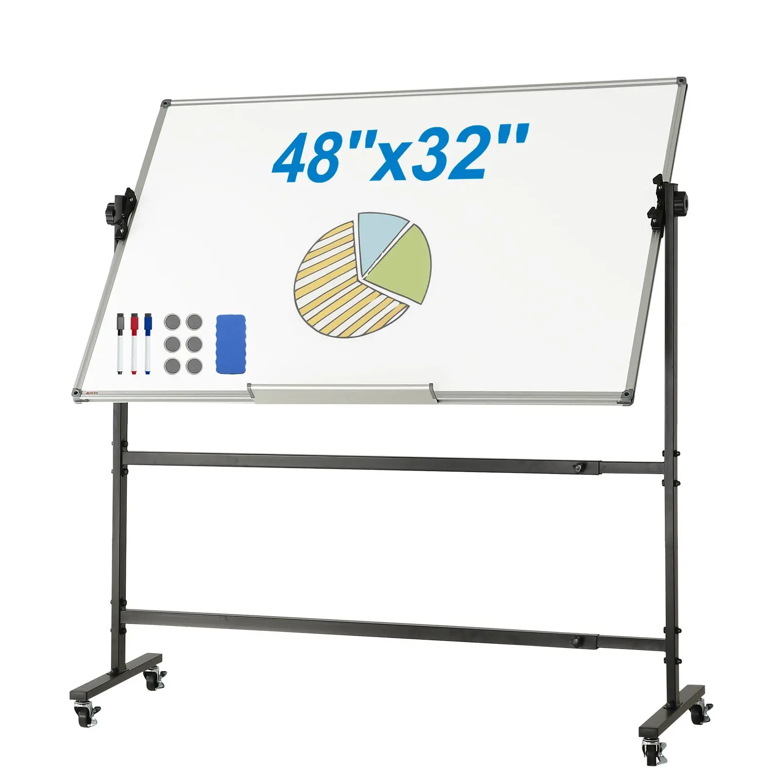 【summerfinds】VEVOR Rolling Whiteboard, 48x32 inch Double-Sided Magnetic Mobile Whiteboard, 360° Reversible Adjustable Height Dry Erase Board with Wheels & Movable Tray for Office School, Portable Wipeable Board, Whiteboard Pens
