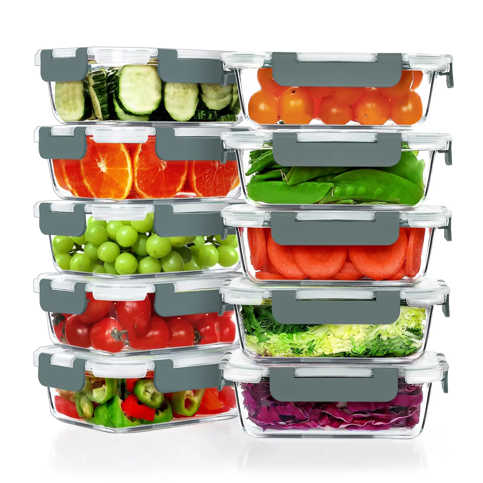 10 Pack 22 OZ Glass Meal Prep Containers, Airtight Glass Lunch Containers Set, Glass Food Storage Containers with Lids,Exclusive of BPA, for Microwave, Oven, Freezer & Dishwasher Friendly,Grey