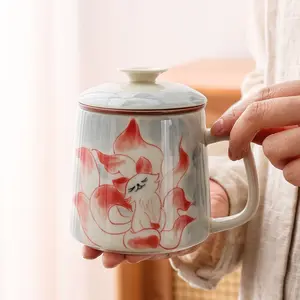 A94. Hand-Painted Nine-Tailed Fox Ceramic Mug with Lid, Large-Capacity Plant Ash Cup, Light-Luxury Coffee/Tea Mug