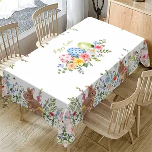 Rectangular Easter Tablecloth, Cartoon Rabbit & Egg Design, Spring/summer Floral Pattern, Perfect for Holiday/easter Decorations