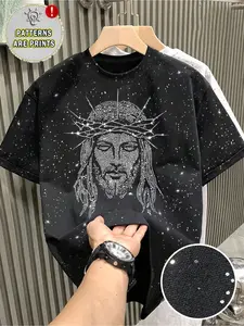 Men's Casual Short Sleeve Fitted T-Shirt, Jesus Portrait Print, Silver Color Fabric, Comfortable and Skin-Friendly, All Seasons Wear