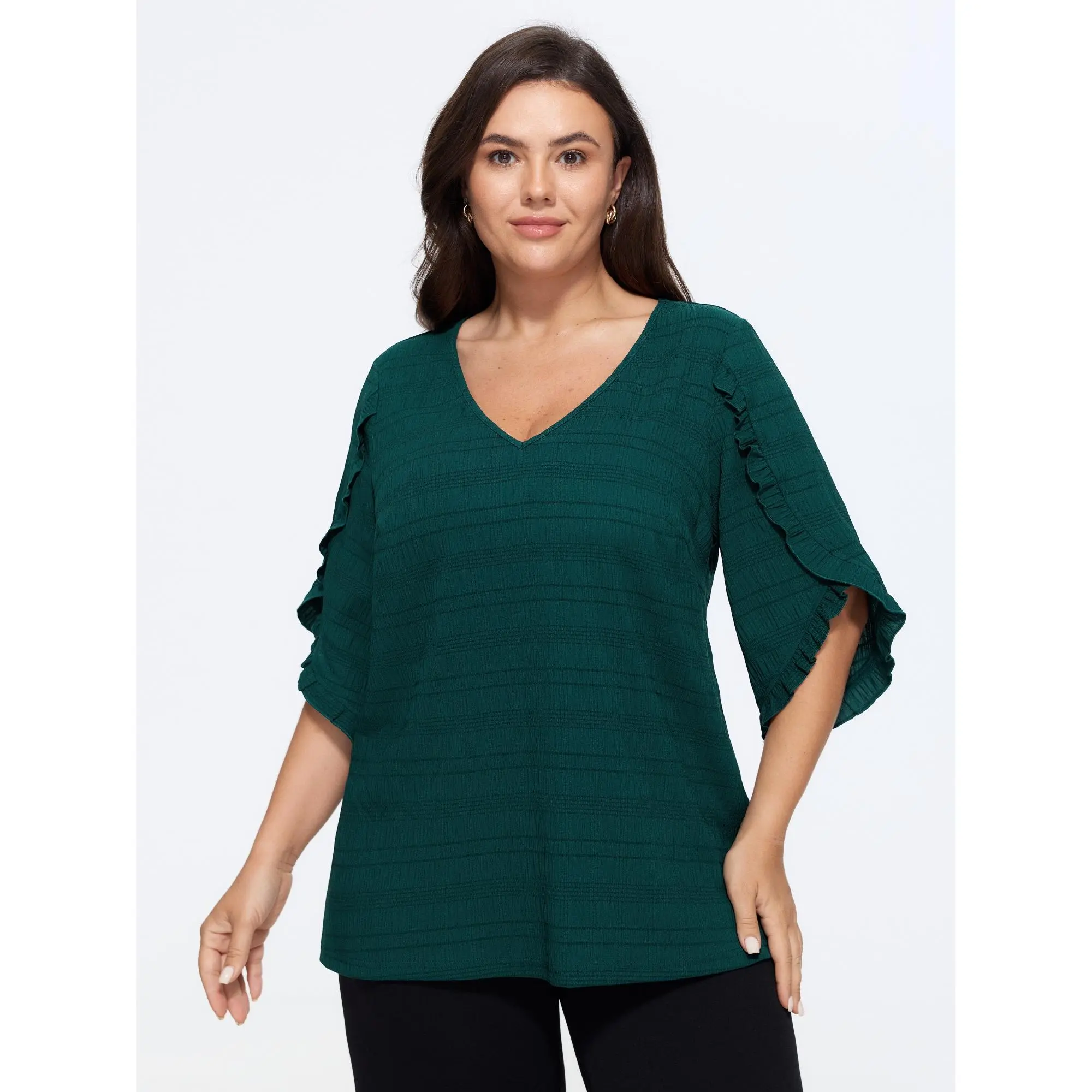 BloomChic Women's Plus Size Romantic Solid Cable Knit Blouse with 3/4 Ruffle Petal Sleeves, Regular Length, Polyester Clothes, Iron Gently