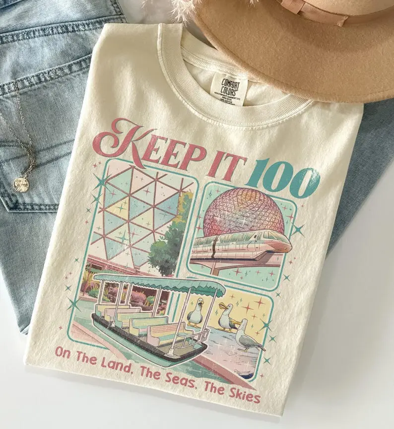 Retro Keep It 100 Comfort Colors Shirt, The Land The Seas The Skies WDW Shirt, Magic Kingdom Theme Park Tee, WDW Family Trip Gift, Epcot Tee