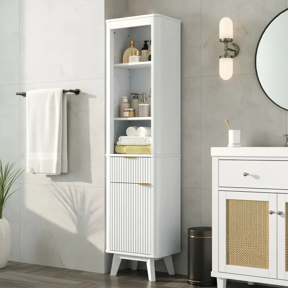 littleox 68" Tall Vertical Bathroom Linen Cabinet with Adjustable Shelves, 1 Drawer and Door, Freestanding Multi-Room Storage Cupboard for Kitchen, Entryway, Living Room & Bathroom Home Storage