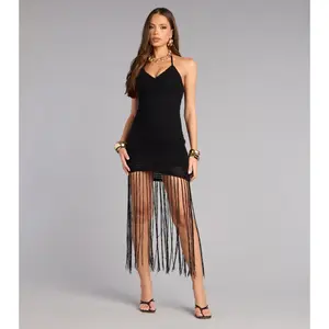 Keep It Spicy Fringe Halter Dress