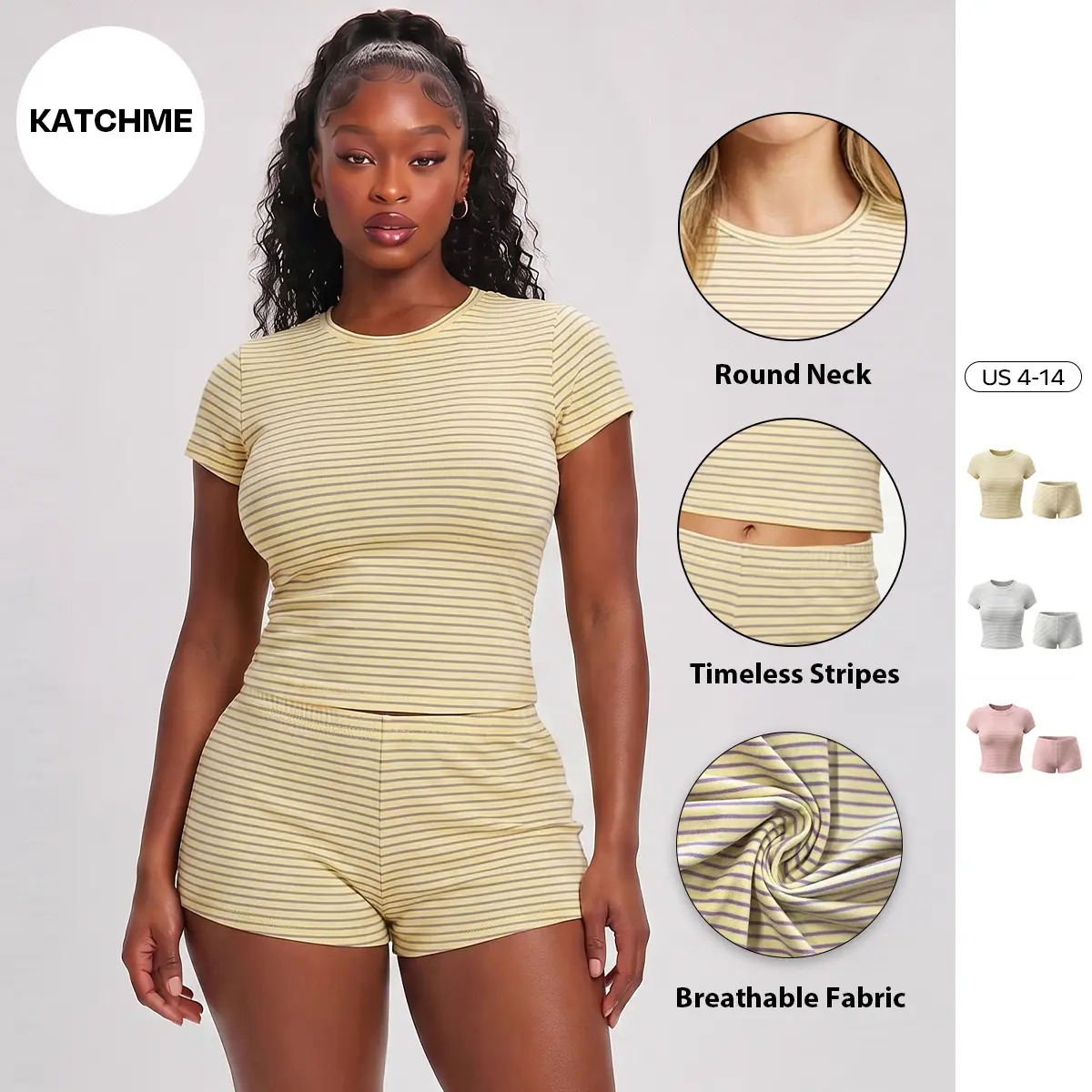 Katch Me Women's Minimalist Round Neck Stripe Short Sleeve Breathable Crop Top & Shorts Co-ord, Simple Style Stretchy Soft Two Piece Outfits, Comfortable Daily Wear
