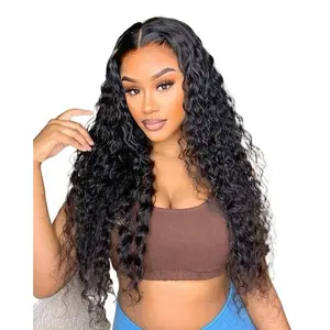 Water Wave 13x6 Lace Front Wigs Human Hair 180 Density 13x6 HD Full Lace Frontal Wigs Pre Plucked Wet and Wavy Glueless Deep Curly Human Hair Wigs for Women Natural Black