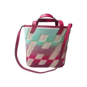 Pre-owned HERMÈS canvas Tote Bags Hermes Cabas H en Biais 27 Tote Bag in with Pink and Turquoise Hues and Rose Pourpre Leather Accents.