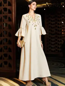 Women's Off- Handmade Rhinestone Abaya Dress, Seven-Eighth Flared Sleeve, Plus Size Loose Fit, Islamic Style Evening Gown