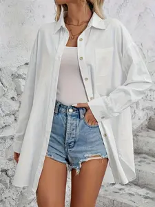 A women's solid color loose long-sleeved Spring sunscreen woven curved hem shirt