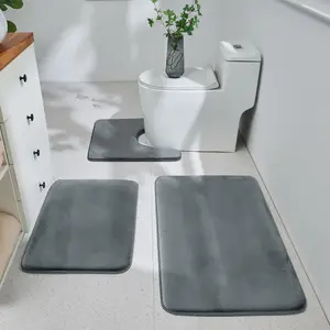 Grey Bathroom Rugs Set, 3 Piece, Ultra Soft Velvet Memory Foam, Non-Slip & PVC Backing, Washable Quick Dry, 17"x24"+20"x32"+U Shape 20"x20"