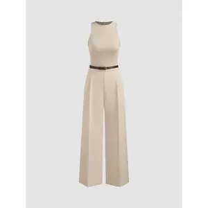 Cider [size 2-10] Round Neckline Solid Pocket Zipper Jumpsuit With Belt