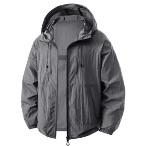 Men’s summer lightweight hooded jacket with a cool feel and sun protection; outdoor windproof, water-resistant, breathable casual outerwear suitable for hiking, camping, fishing, commuting, and versatile everyday wear; long-sleeve top.