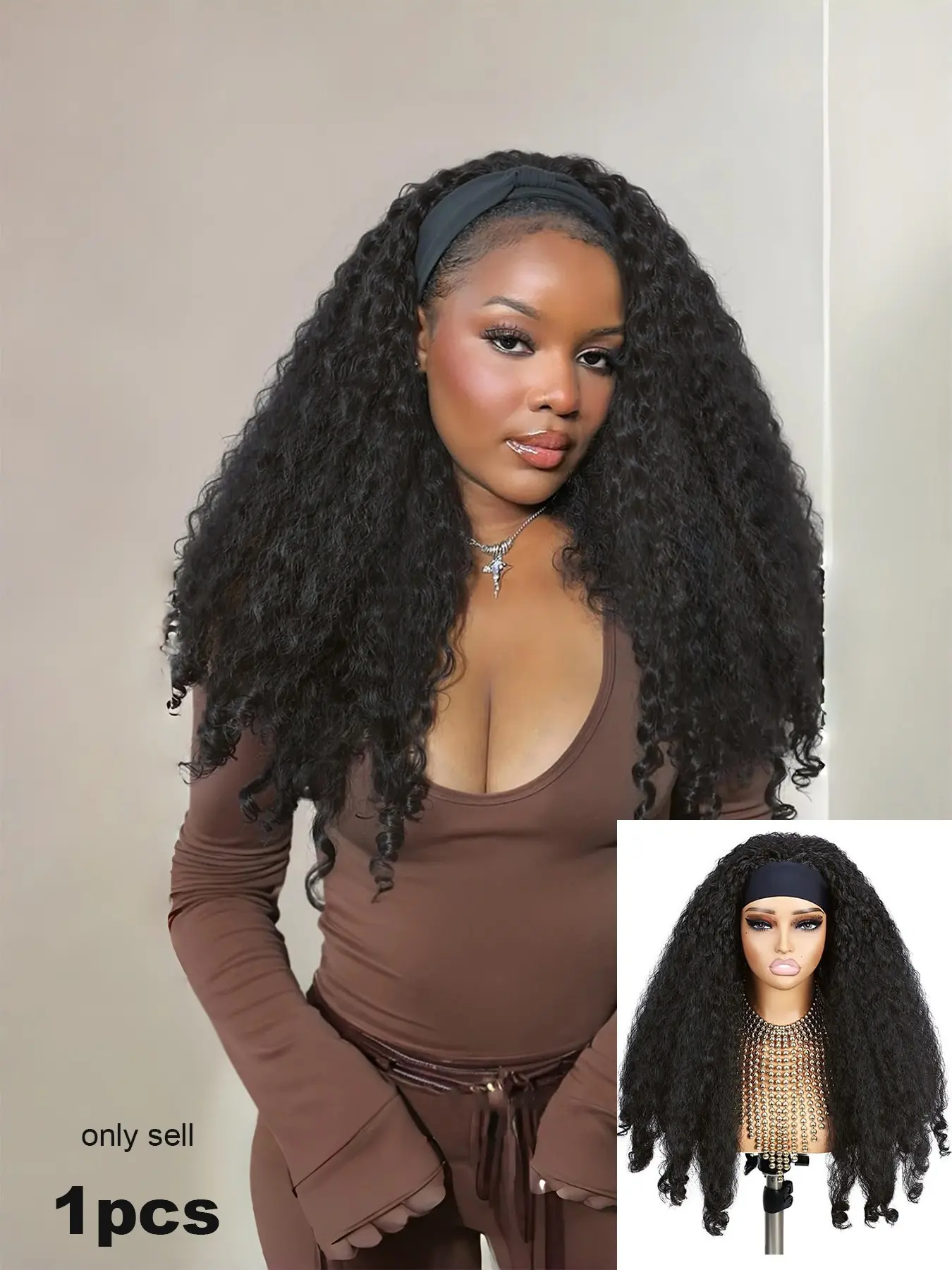 New Afro Curly Headband Wig Pre Styled Wig Synthetic Fiber Wig Synthetic Braided Hair Texture with Unique Bouncy Curls in the End 22 Inch Soft Curly Headband Wigs for Black Women Dark Brown Blend Kinky 4C Hair Convenient Wigs Braided Hairband Wig
