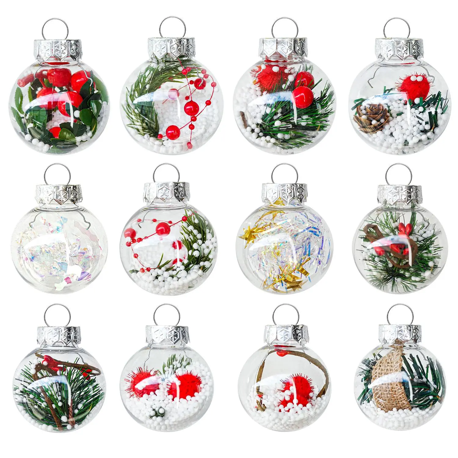 12Pcs Clear Plastic Hanging Ornament Balls - Artificial Snow, Red Berry & Pinecone Filled Decor, Lightweight Waterproof Holiday & Party Ornaments for Home, Tree & Event Decoration
