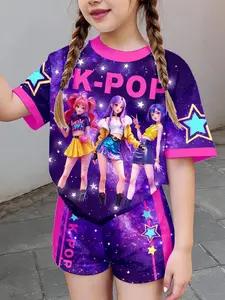 2 Piece Set Cartoon Girl Gradient Color T-Shirt and Shorts, Preppy Loose-Fit Summer, All over Print, No Button, with Collar, Summer Clothing Set