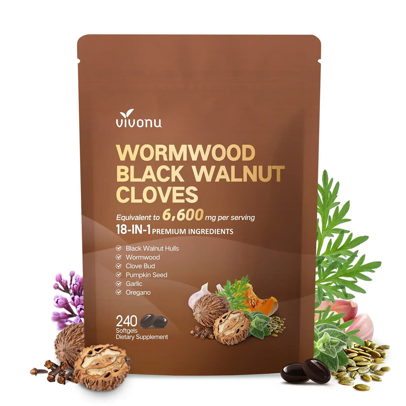 VIVONU Wormwood Black Walnut Cloves Capsules - Boost Metabolism & Enhance Energy | Contains Black Walnut, Garlic, Wormwood, and More | 240 Capsules (80-Day Supply)