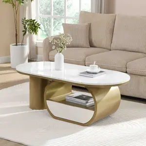 Luxury Modern Oval Coffee Table Living Room Center Table with Storage Drawer, 47.24'' Coffee Table with Faux Marble Top, Golden Metal Center Table