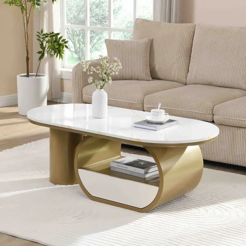 Luxury Modern Oval Coffee Table Living Room Center Table with Storage Drawer, 47.24'' Coffee Table with Faux Marble Top, Golden Metal Center Table