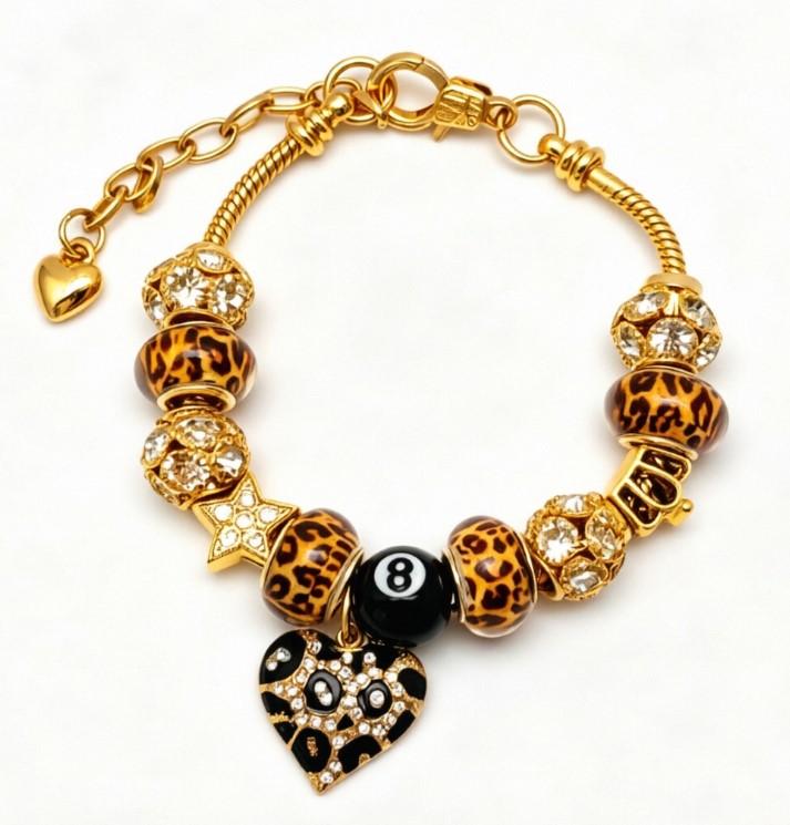 Leopard Print Beaded Charm Bracelet, Gold Snake Chain Bracelet with Black 8 Ball & Crystal Leopard Heart Pendant, Y2K Trendy Jewelry for Women