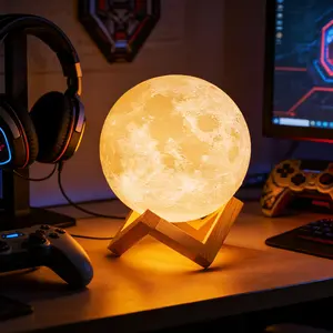 Realistic 3D Moon Night Light - Soft Eye-Friendly Warm Glow Kids Night Light, Rechargeable, Wooden Stand, for Kids Bedroom - Great Gift for Children 5.9inch