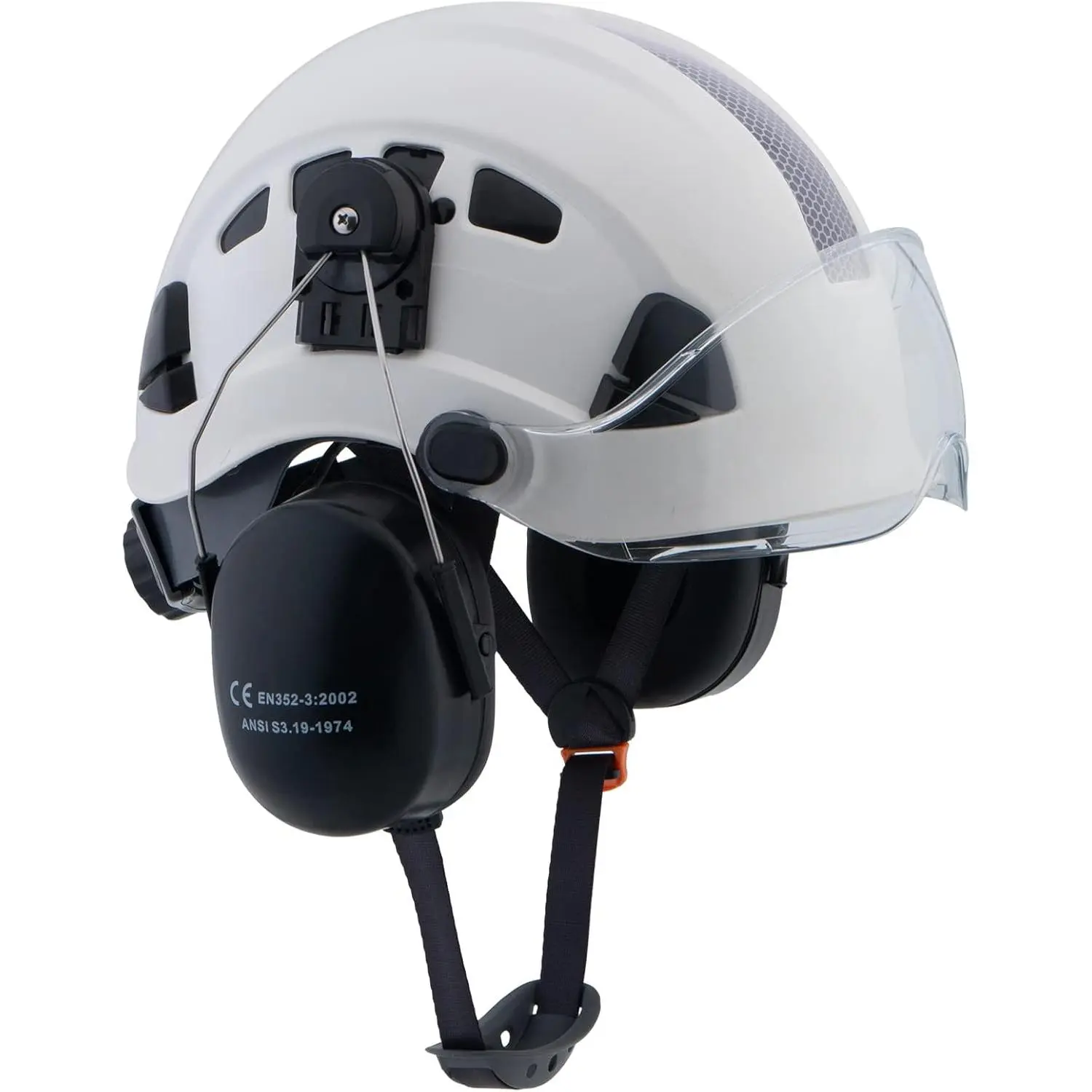 3-in-1 Head Gear with Visor & Ear Muffs, Vented, 6-Point Ratchet, for Gardening Yard Work Trimming Mowing Cutting (White + Clear Visor)