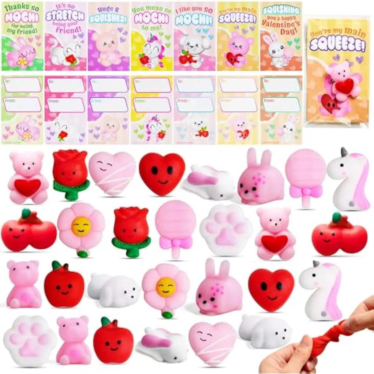 28 Packs Valentines Day Gift Cards with Mochi Squishy Toy for Kids, Kawaii Animal Mochi, Stress Relief Fidget Toys for Kid Party Favor Classroom Exchange Prize