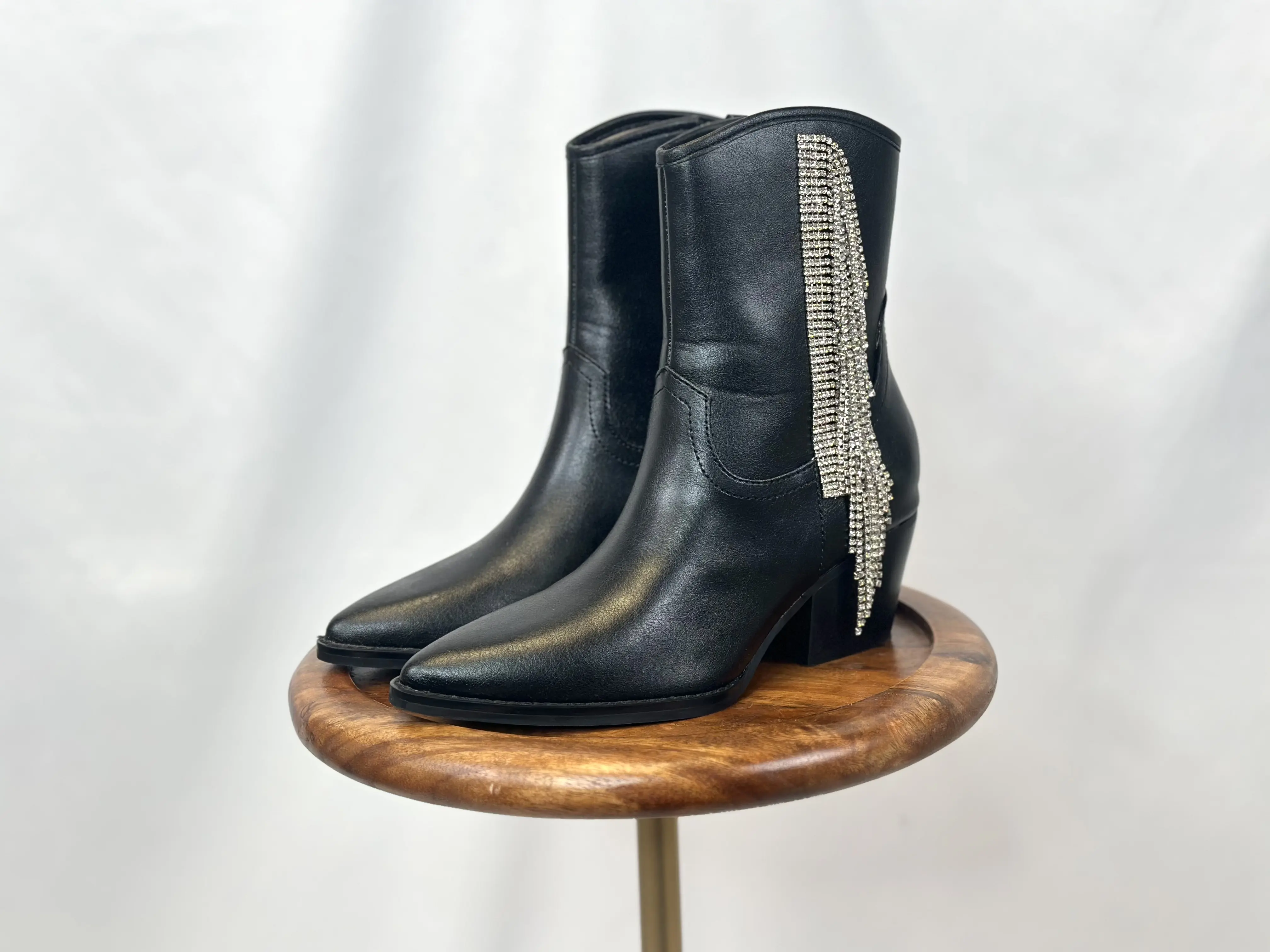 Oasis Society (Rowan) Black Rhinestone Fringe Short Boots, Shoe, Footwear, Women, Pointed, Chic, Alternative Style, Western Elegance, Block Heel, Statement Shoes, Rodeo Outfit Inspo, Western Ootd, Cowboy Aesthetic, Faux Leather, Pointed Toe, Cute, Short S