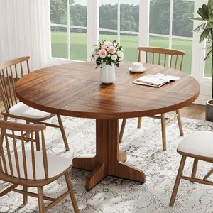 Garvee 47" Round Dining Table for 4-6 People, Farmhouse Style Circle Kitchen Table with Sturdy Wooden Base, Ideal for Dining Room, Kitchen, Apartment, Living Room, Walnut Finish (Table Only)