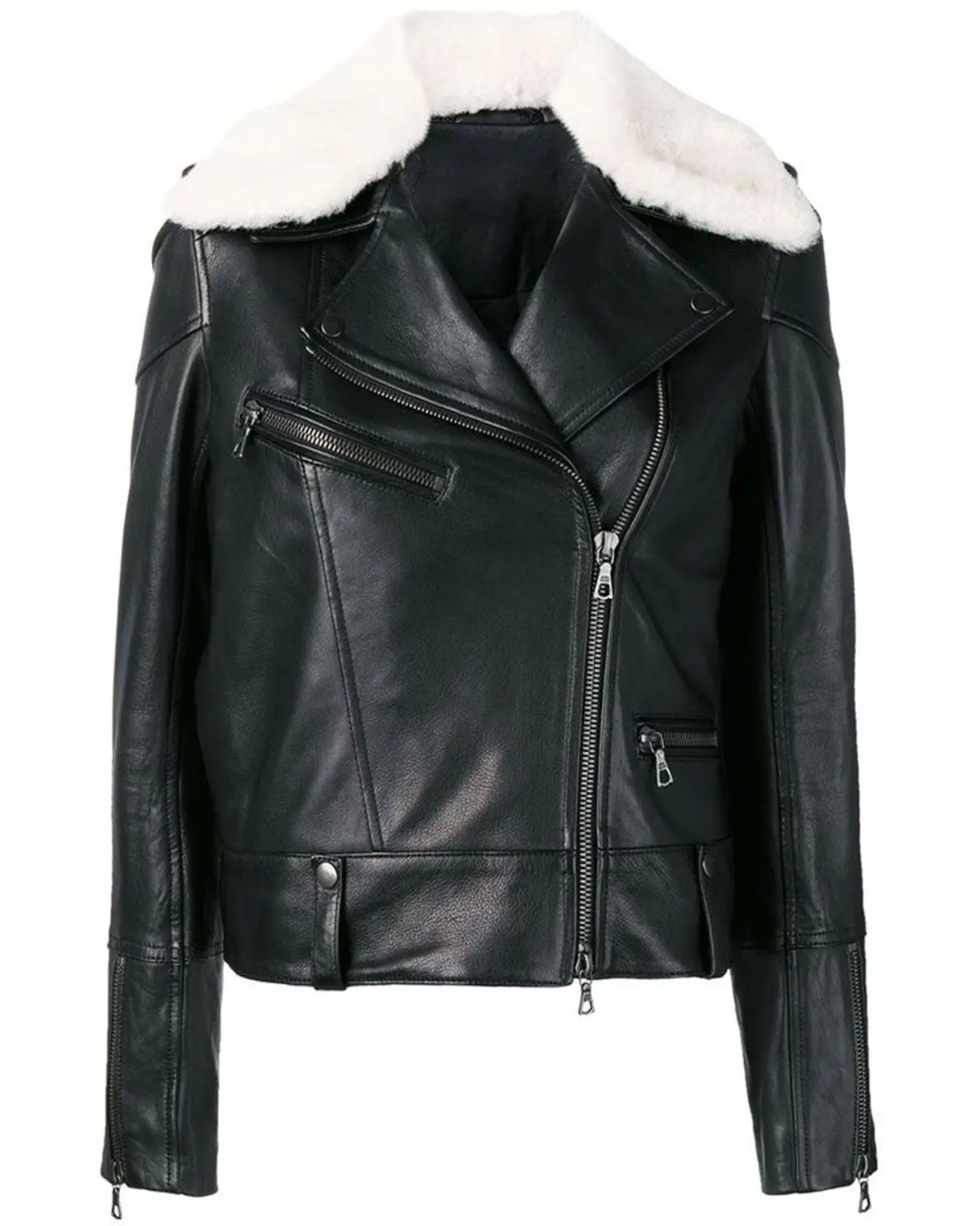 Womens Fur Collar Black Aviator Biker Style Leather Jacket