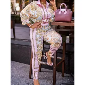 Pink British Print Two Piece Long Sleeve Pencil Dress