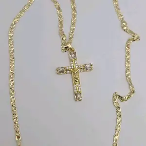 CHRIST ON THE CROSS Fashion Necklace with gold-plated Chain and Rhinestone Cross Pendant for Men and Women 18"inches shorter