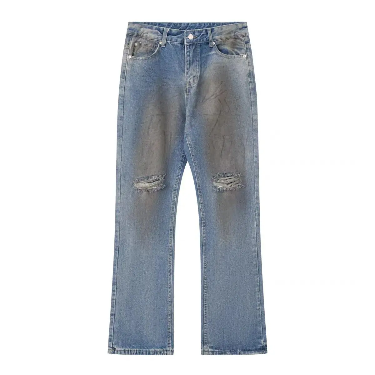 Washed Knee Frayed Ripped Flare Jeans Unisex Mid Rise Slim Bootcut Denim Pants Classic Pocket Vintage Y2K Urban Streetwear Casual Trousers