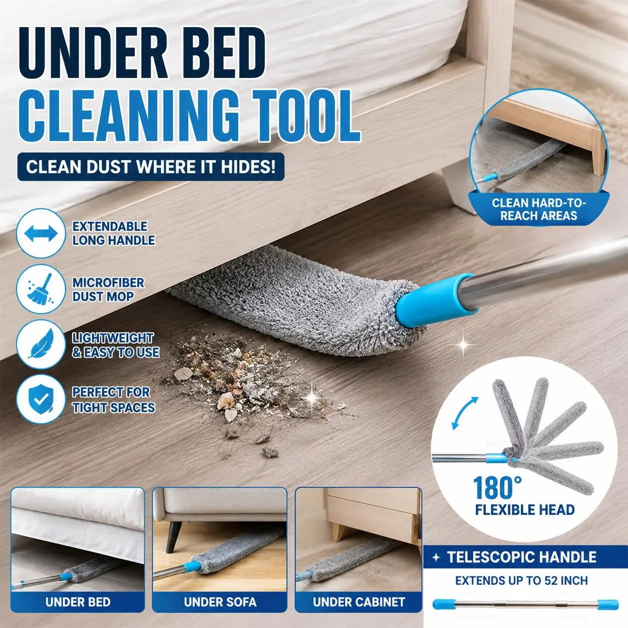 Long Handle Under Bed Duster, Extendable Microfiber Cleaning Mop for Dust, Hair & Debris Under Furniture Brush