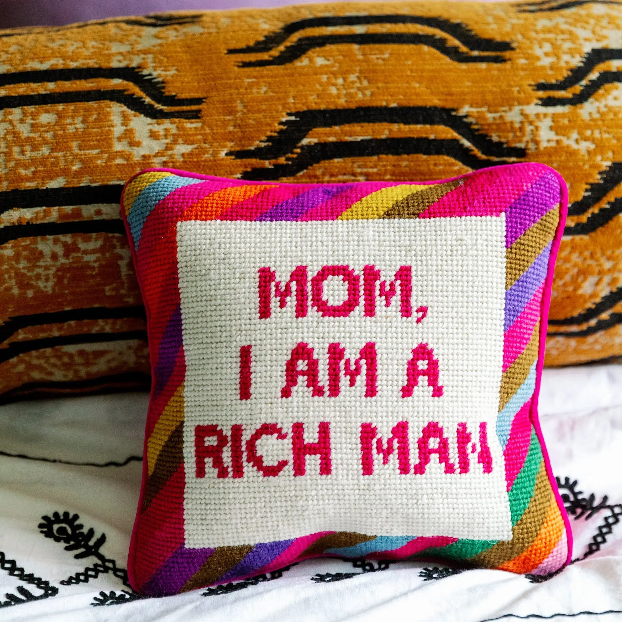 Rich Man Needlepoint Pillow - Creative Decorative Cushion for Home Bedding, Soft Furnishings
