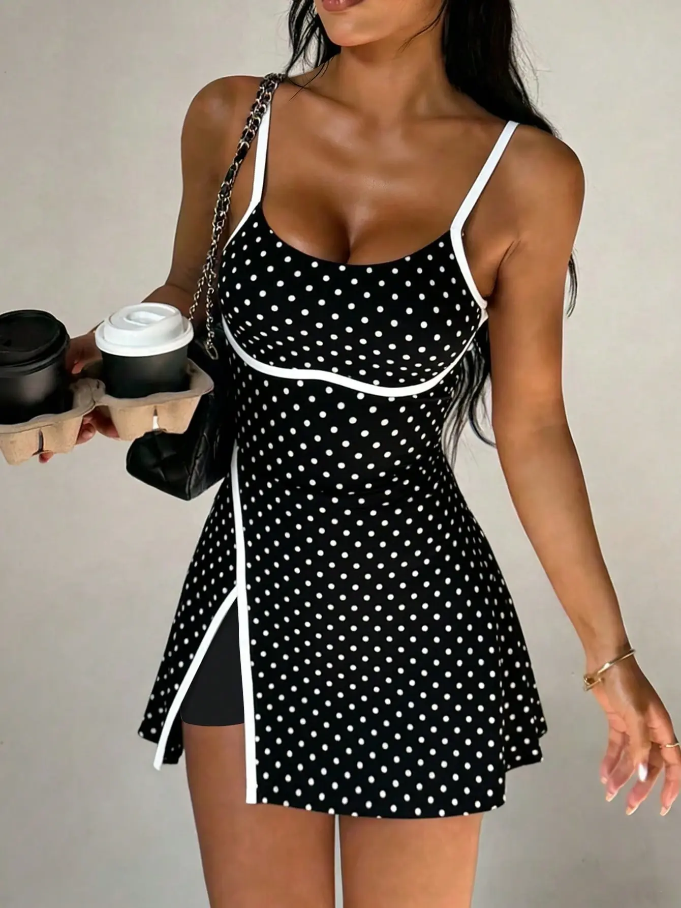 NCP x  CourtClass Women's Polka Dot Print Spaghetti Strap Contrast Trim Front Slit Athletic Dress Detachable Shorts With Pockets