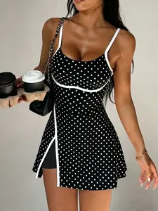 NCP x  CourtClass Women's Polka Dot Print Spaghetti Strap Contrast Trim Front Slit Athletic Dress Detachable Shorts With Pockets