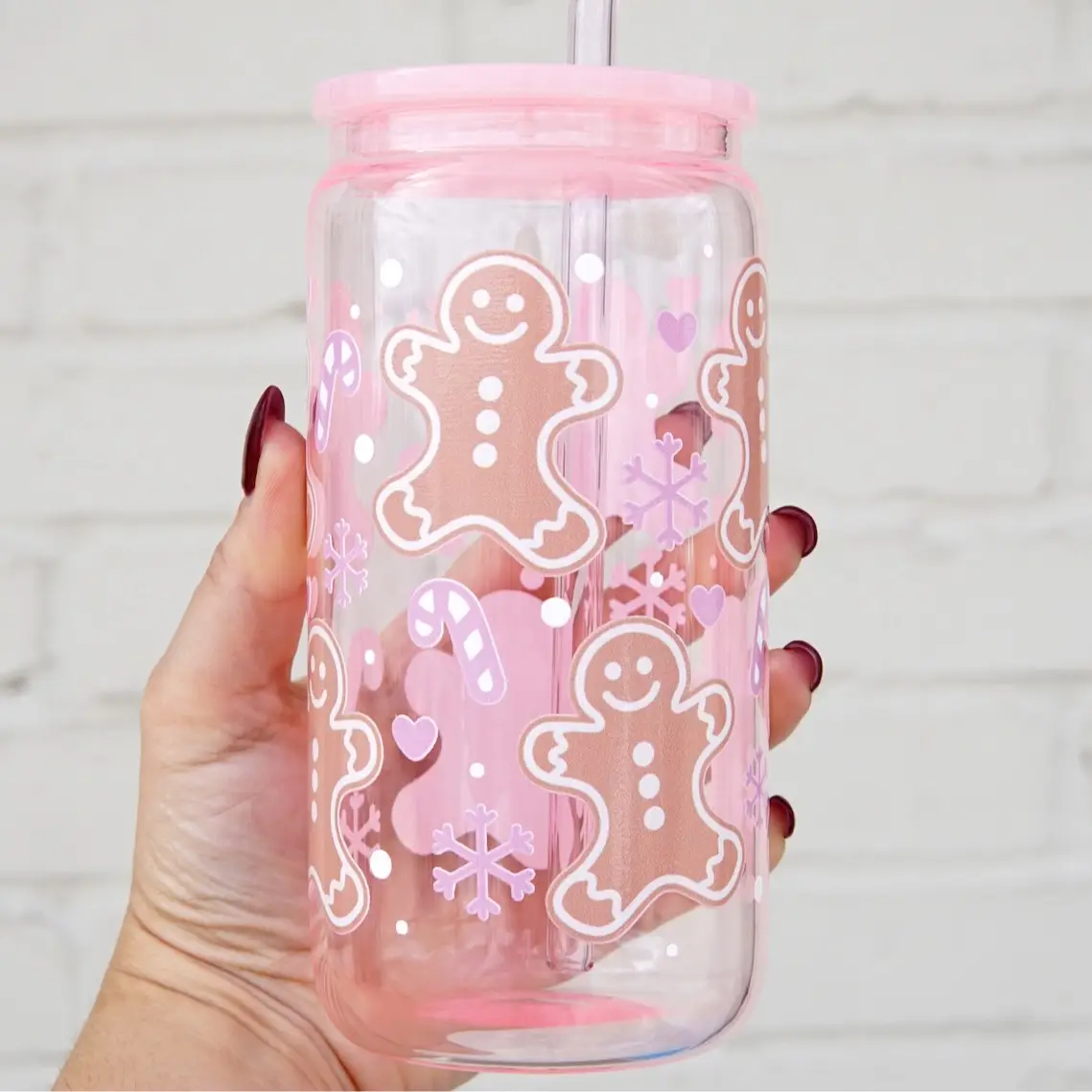 Sip-Sip Hooray! Pink Gingerbread Christmas Cup – Peppermint & Snowflake Design with Lid & Straw, Reusable Drinkware Gift for Friends Tumbler Water Bot