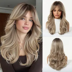 20-inch Light Brown with Blonde Highlights, Layered with Side-swept Bangs, a Trim-able Wig Made of High-quality Heat-resistant Synthetic Fiber. Features a Natural, Smooth Sheen and Fine, Delicate Strands. Suitable for Various Occasions Such as Daily