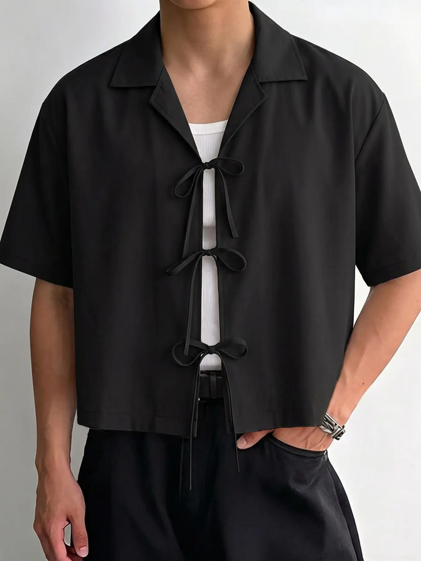 INCERUN Men's Fashion Streetwear Short Sleeve Tie-Back Casual Shirt, Stylish and Comfortable Design, Perfect for Daily Wear and Outdoor Activities