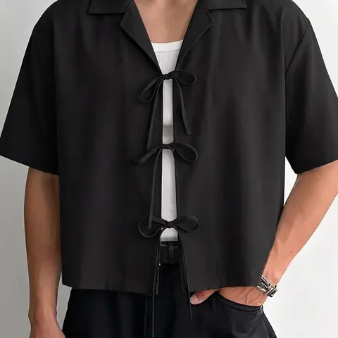 INCERUN Men's Fashion Streetwear Short Sleeve Slim Fit Tie-Back Casual Plain Shirt, Stylish and Comfortable Design, Perfect for Daily Wear and Outdoor Activities, Casual Summer Clothing