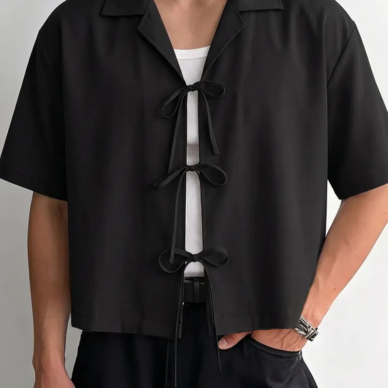 INCERUN Men's Fashion Streetwear Short Sleeve Slim Fit Tie-Back Casual Plain Shirt, Stylish and Comfortable Design, Perfect for Daily Wear and Outdoor Activities, Casual Summer Clothing