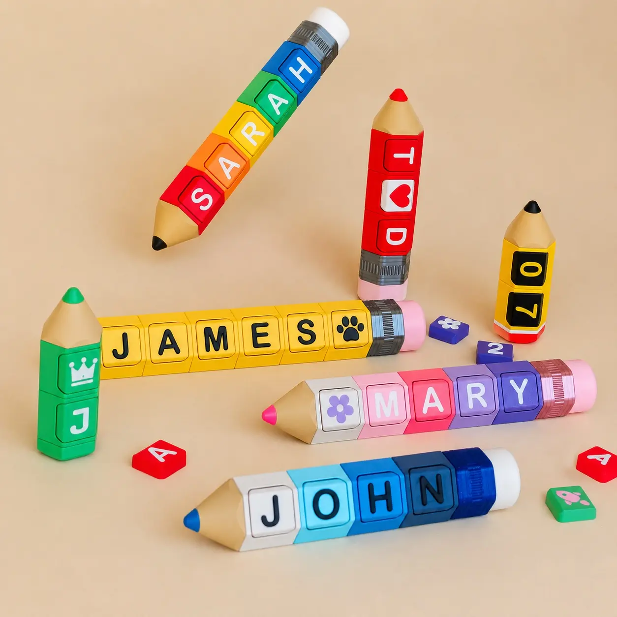 Personalized 3D Printed Pencil Keychain, Clickable Letter Blocks, Custom Name Backpack Bag Charm, Fashion Accessory Gift