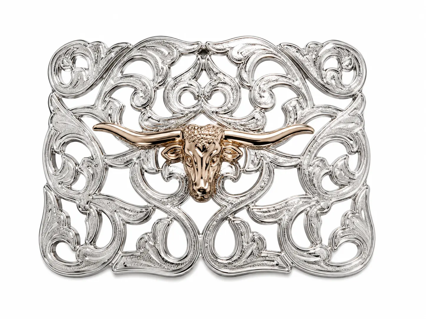 Gold Longhorn Skull Open Cut Western Belt Buckle – Silver Filigree Cowboy Buckle