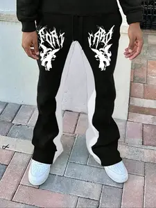 2026 Men's Opium Style Black & White Patchwork Flare Pants, Gothic Letter Print Heavyweight Stacked Trousers, Aesthetic Darkwear Baggy Sweatpants for High Street Fashion & Fit Check