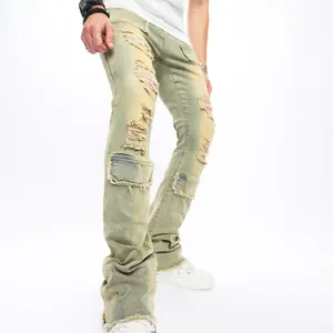 SRETOUU Street Style Holes Vintage Men Stylish Stretch Skinny Biker Jeans Pants Hiphop Ripped Solid Slim Male Denim Trousers Streetwear Beige Menswear Elastic
