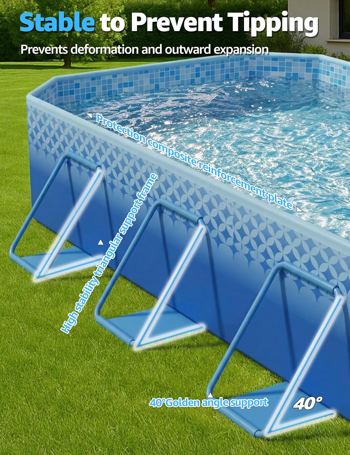 101 inch (approx. 256.5 cm) foldable swimming pool, suitable for adults and children. Non-inflatable pool with metal frame, thickened PVC and PP board support. Large stable foldable swimming pool, ideal for family, dogs,