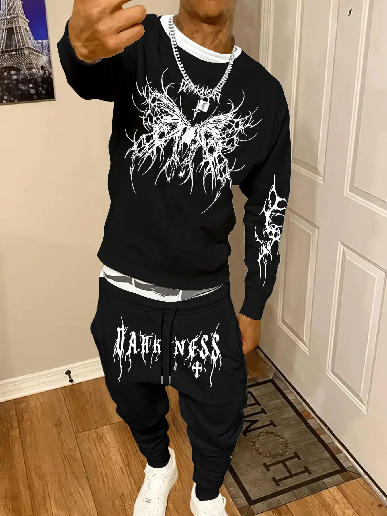 Men's Fall Winter Graffiti Print Long Sleeve Hooded Sweatshirt Set, Round Neck Sweatshirt + Waist Drawstring Pants, Casual Fitted for Streetwear Outfit Clothes
