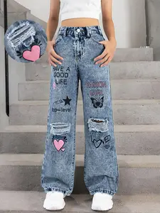 Girls' Snowflake Washed Ripped Pants, Loose Fit Distressed with Letter Heart Butterfly Patterns, Knee Rips American Style, Street Fashion, Graphic Pants